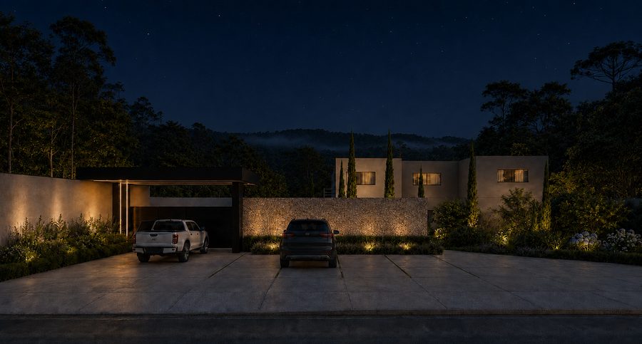 Portaria do Reserva Vale Europeu à noite, casas iluminadas na serra